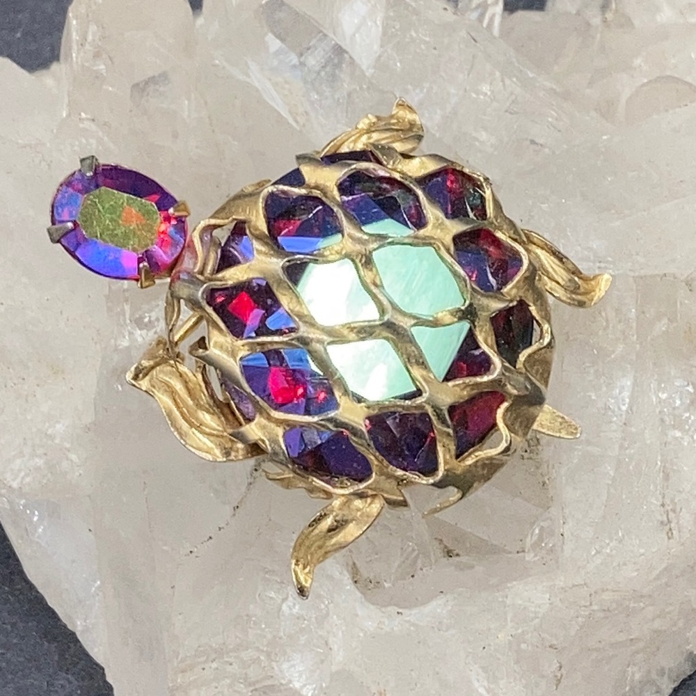 Signed Warner Red AB Rhinestone Turtle Brooch